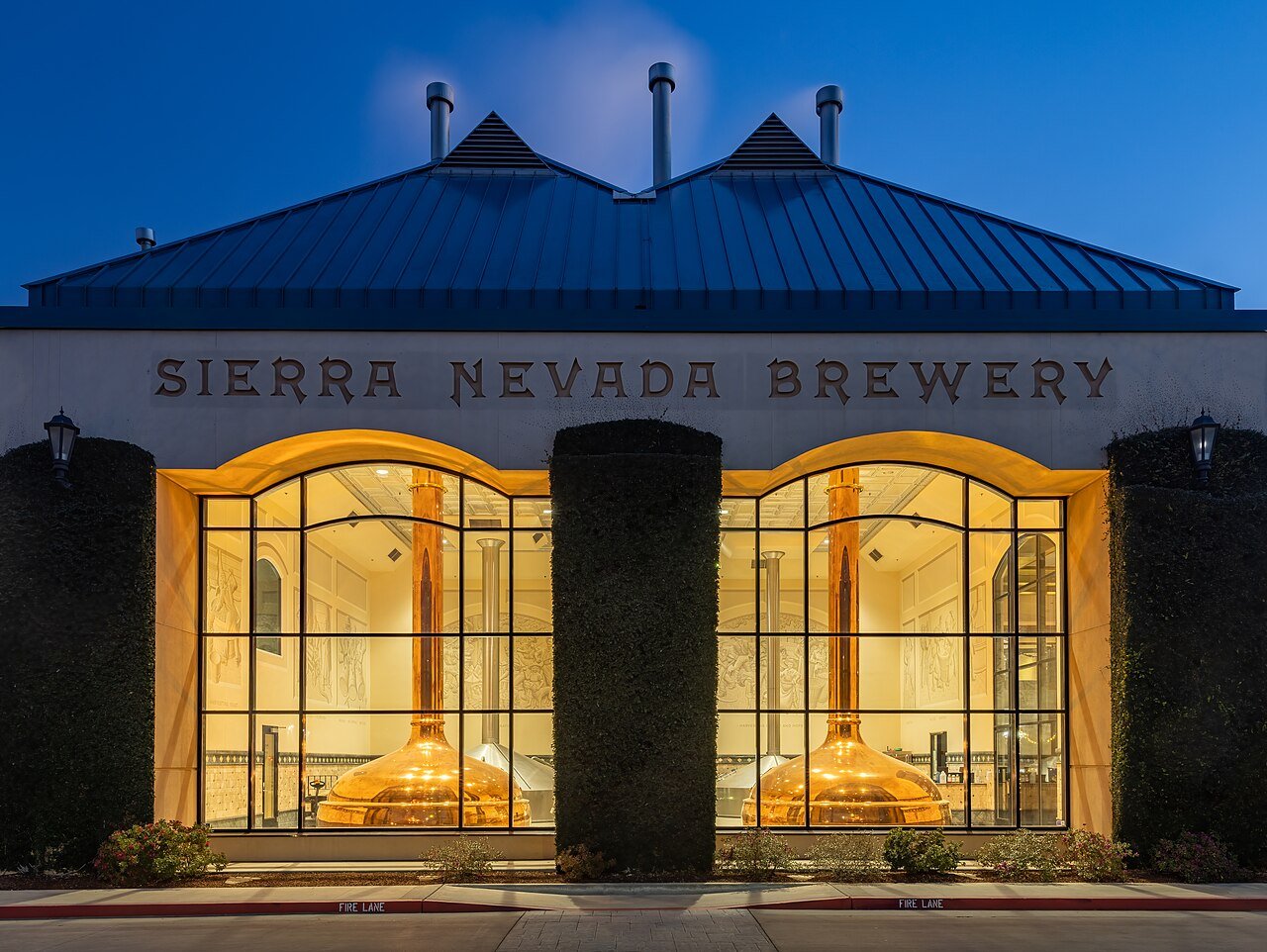 Sierra Nevada Brewing Co. brewery building in Chico at blue hour