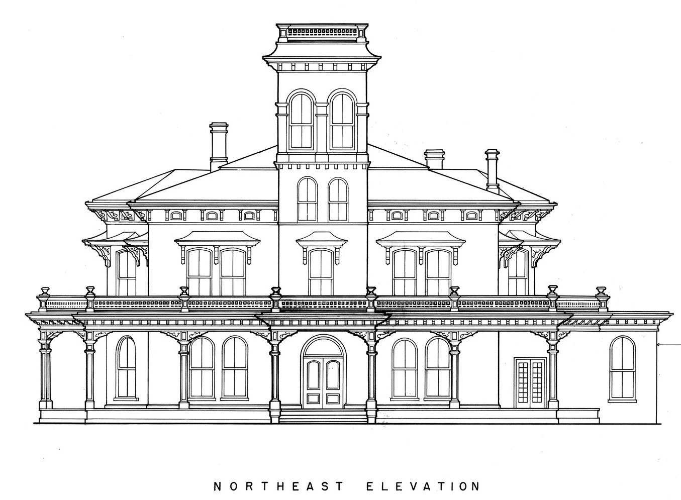 Measured drawing of the northeast front of Bidwell Mansion in Chico, with its tower, porches and arched windows